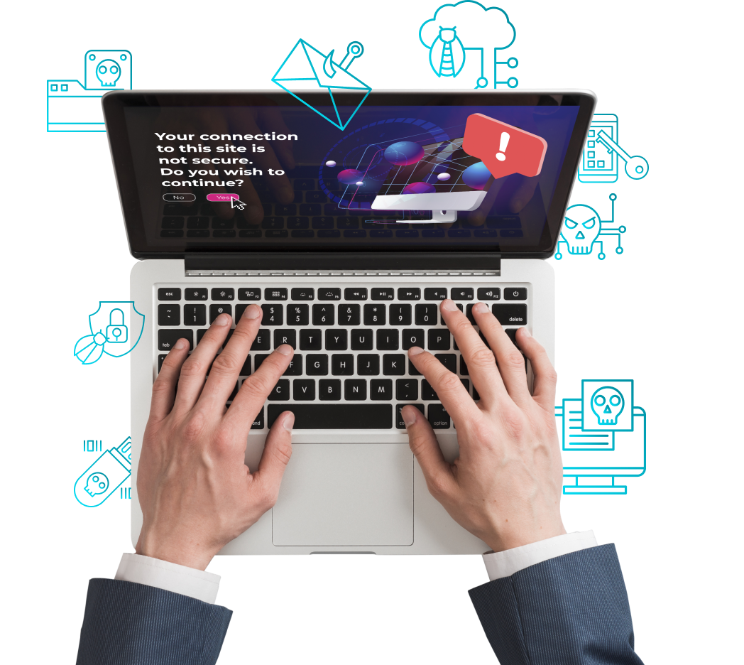 Hands using Cybersecurity training platform on laptop